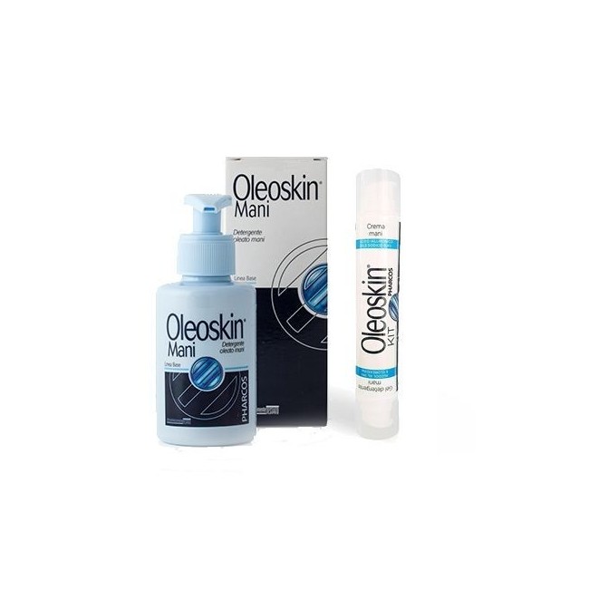 Oleoskin Kit Igienizzante Pharcos Gel Detergente Mani Alcool 74% E Clorexidina 50 Ml + Crema Mani Acido Ialuronico E Sale Sodico