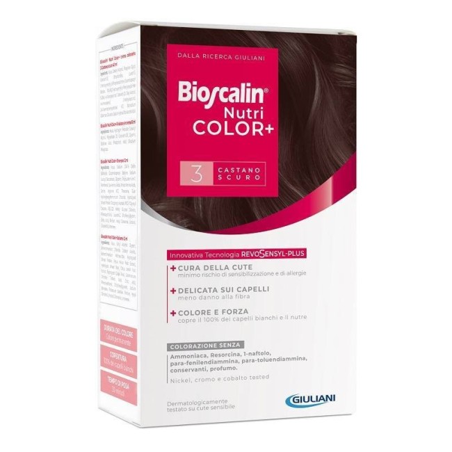 Bioscalin Nutricolor Plus 3 Castano Scuro Crema Colorante 40 Ml + Rivelatore Crema 60 Ml + Shampoo 12 Ml + Trattamento Finale Ba