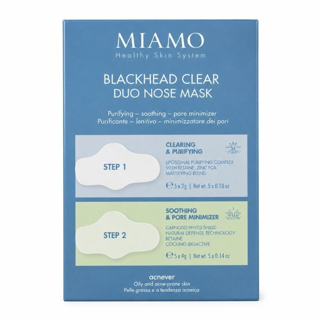 MIAMO HEALTY SKIN SYSTEM ACNEVER BLACKHEAD CLEAR DUO NOSE MASK STEP 1 CLEARING & PURIFYING 5 PEZZI 3 G + STEP 2 SOOTHING& PORE M MIAMO HEALTY SKIN SYSTEM ACNEVER BLACKHEAD CLEAR DUO NOSE MASK STEP 1 CLEARING & PURIFYING 5 PEZZI 3 G + STEP 2 SOOTHING& PORE M