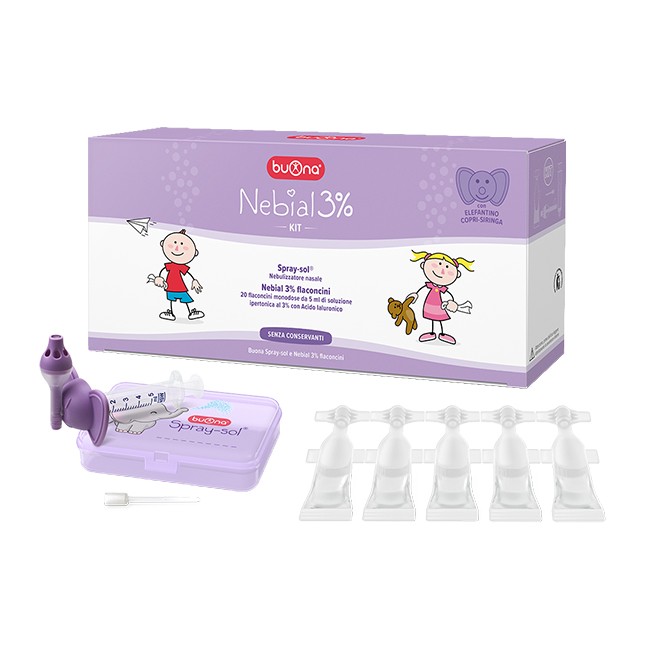 Nebial 3% Kit 20 Flaconcini Monodose 5ml Soluzione Ipertonica Con Acido Ialuronico + Nebulizzatore Spray-sol