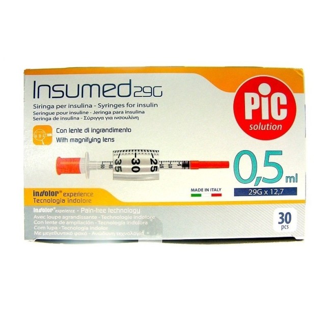 Siringa Per Insulina Pic Insumed 0,5 Ml 100 Ui Ago Gauge 29 Lunghezza 12,7 Mm Senza Spazio Morto 3 Sacchetti Da 10 Pezzi