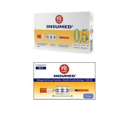 Siringa Per Insulina Pic Insumed 0,5 Ml 100 Ui Ago Gauge 30 Lunghezza 8 Mm Senza Spazio Morto 3 Sacchetti Da 10 Pezzi