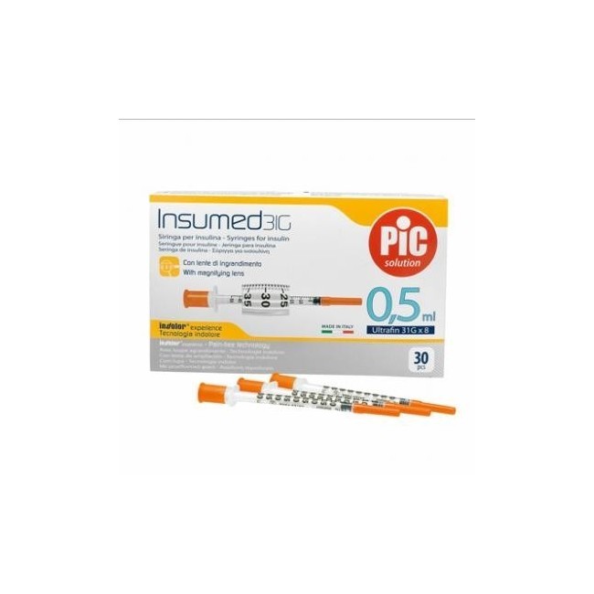 Siringa Per Insulina Pic Insumed 0,5 Ml 100 Ui Ago Gauge 31 Lunghezza 8 Mm Senza Spazio Morto 3 Sacchetti Da 10 Pezzi
