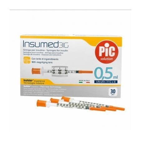 Siringa Per Insulina Pic Insumed 0,5 Ml 100 Ui Ago Gauge 31 Lunghezza 8 Mm Senza Spazio Morto 3 Sacchetti Da 10 Pezzi