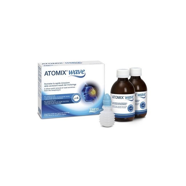 Atomix Wave Dispositivo Per Igiene Rinofaringea Atomix Soluzione Salina 250 Ml 2 Pezzi + Terminale Nasale + Erogatore A Soffiett