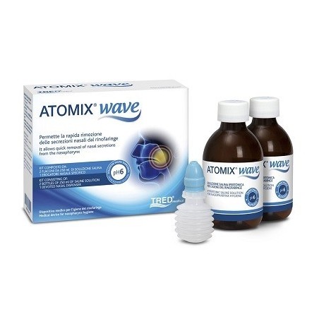 Atomix Wave Dispositivo Per Igiene Rinofaringea Atomix Soluzione Salina 250 Ml 2 Pezzi + Terminale Nasale + Erogatore A Soffiett